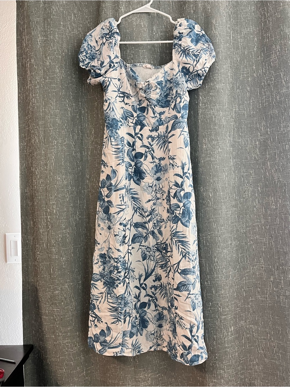 aerie Blue Floral Puff-Sleeve Midi Dress
